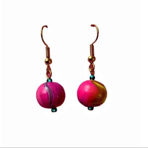 KVITKA CREATIONS Polymer Clay Dangle Earrings Pink Zinnia Floral Drop Jewelry